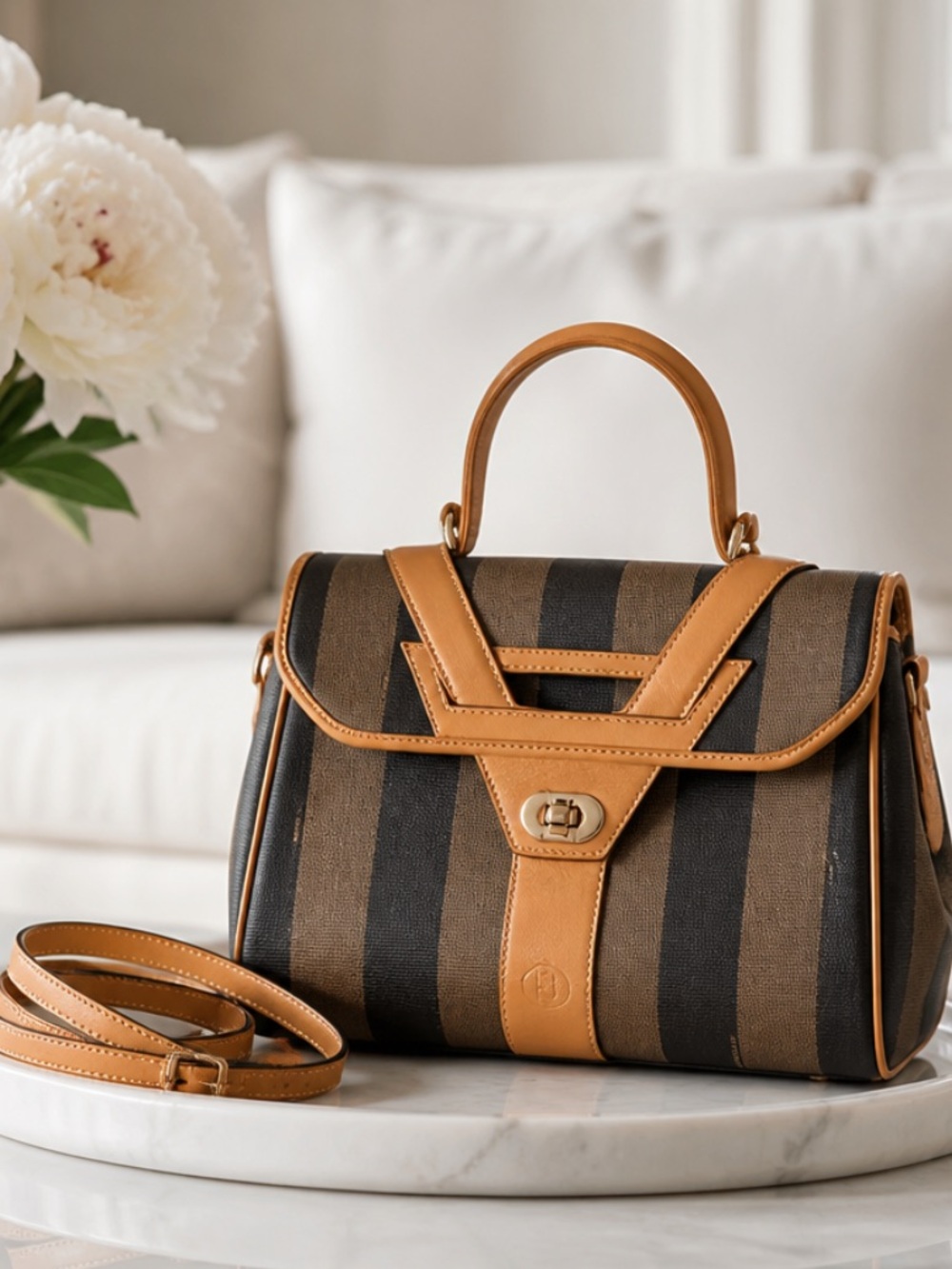 Fendi Pequin Black & Tan Striped Handbag/Crossbody Bag with Leather Trim.
